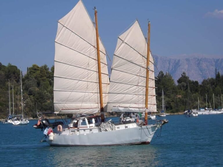 Sailing yacht Ruffles Spray in Greece after we left our jobs to sail away.