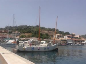 Ruffles Spray moored stern-to on Vathi town quay, Meganisi, Greece, in May 2013.