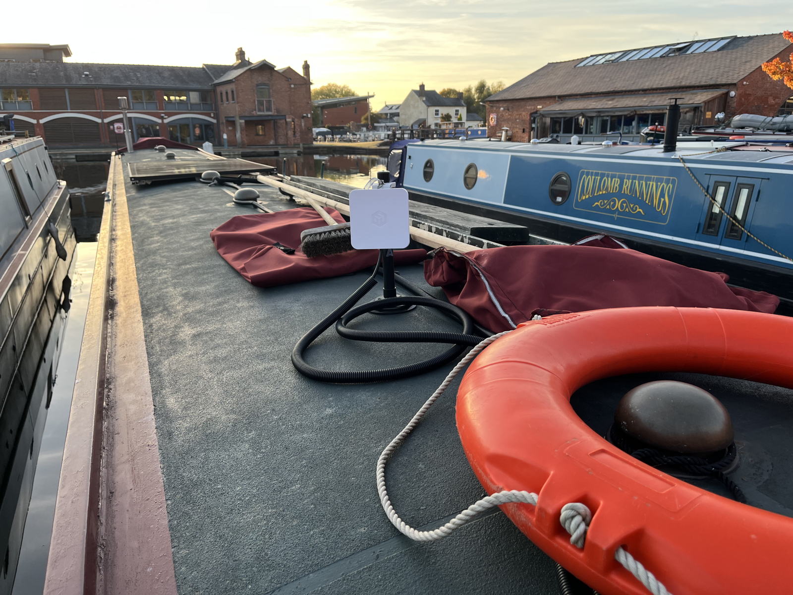 MikroTik outdoor Wi-Fi receiver installed on the roof of narrowboat Rasmunda